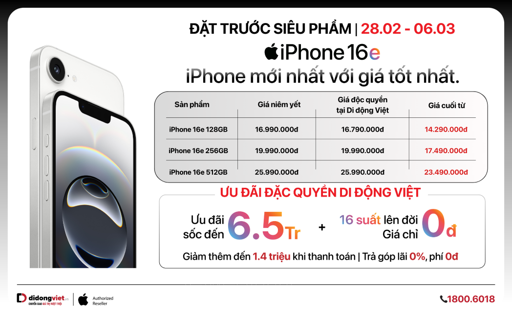 Đặt mua iPhone 16e tại Di Động Việt, trợ giá đến 2,5 triệu đồng