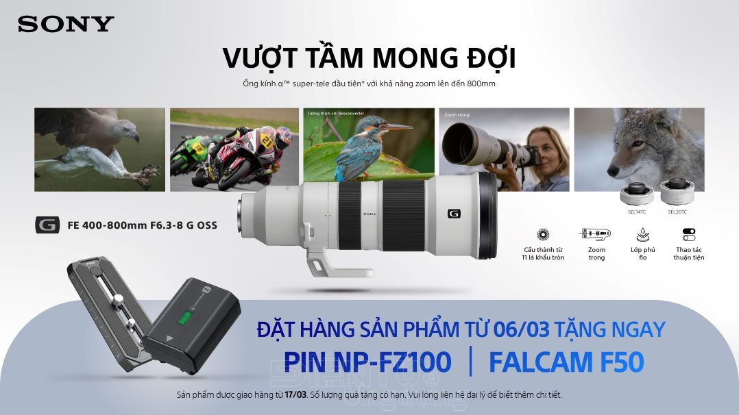 Sony ra mắt bộ đôi ống kính FE 16mm F1.8 G và FE 400-800mm F6.3-8 G OSS mới