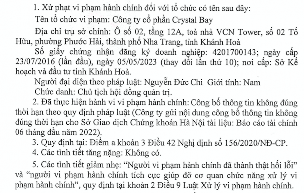 Ủy ban Chứng khoán Nhà nước xử phạt Công ty Cổ phần Crystal Bay