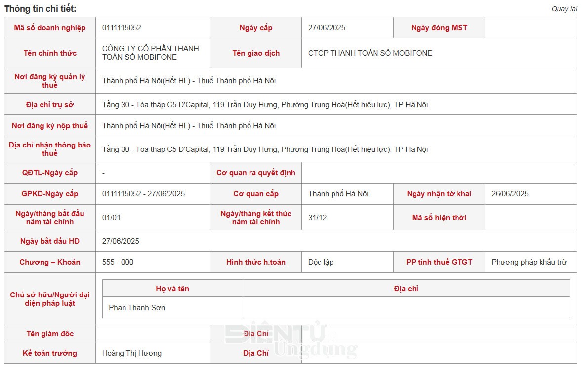 Công ty Cổ phẩn Thanh toán số MobiFone 