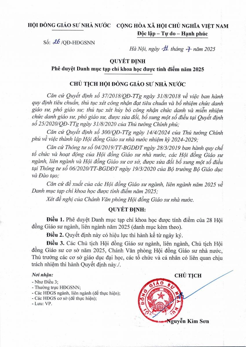 Quyết định số 26/QĐ-HĐGSNN phê duyệt Danh mục tạp chí khoa học được tính điểm năm 2025