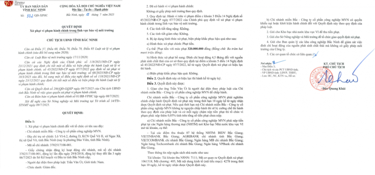 Bắc Ninh: Xử phạt doanh nghiệp 320 triệu đồng do không có giấy phép môi trường theo quy định