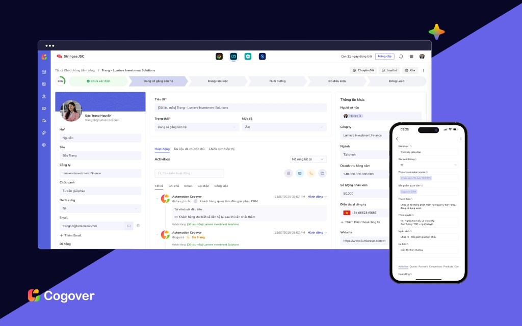 Giao diện Cogover CRM No-code/AI Giao diện Cogover CRM No-code/AI