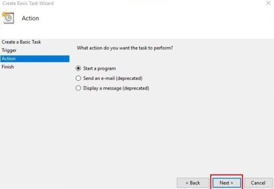 Chọn “Start a program”  và nhấp vào Next