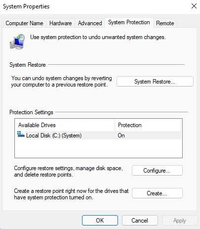 Tạo System Restore win 11