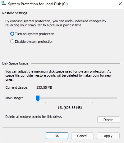 Tạo System Restore windows 11