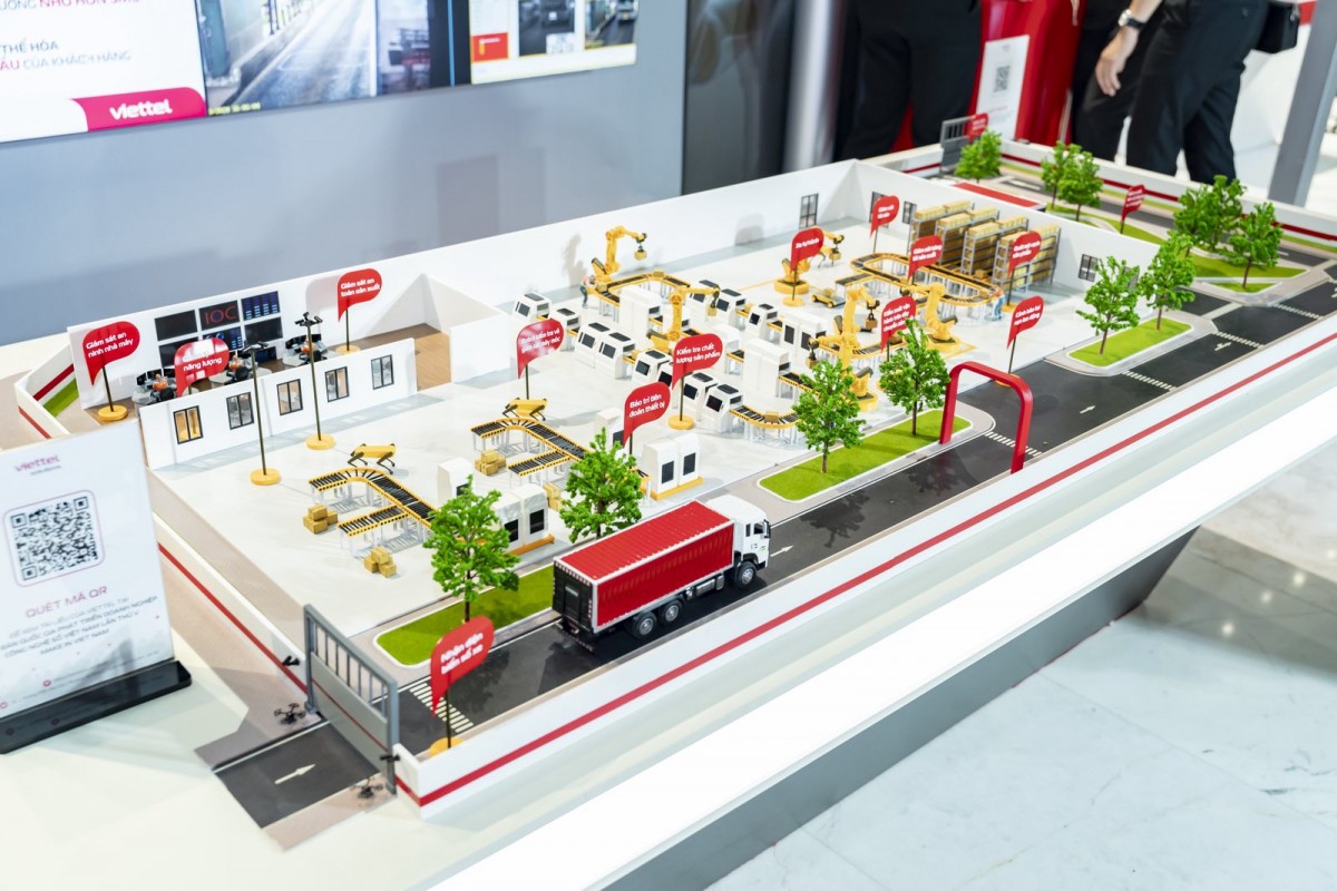 Mô hình nhà máy thông minh ứng dụng mạng 5G của Viettel – nơi mọi thiết bị, dây chuyền sản xuất và phương tiện được kết nối, giám sát và điều khiển theo thời gian thực thông qua nền tảng 5G công nghiệp. Ảnh: Viettel.