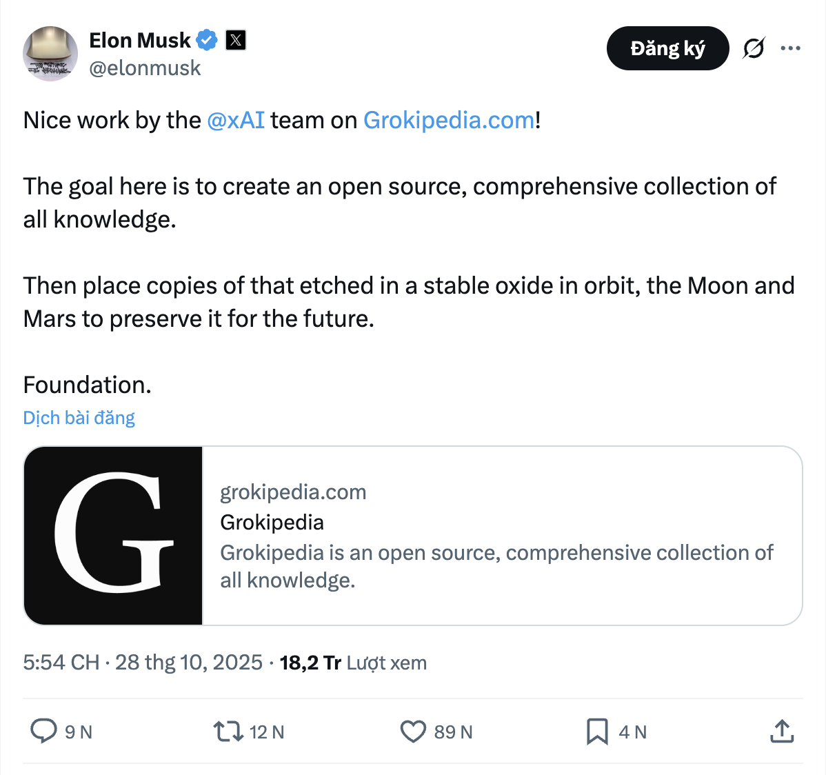 Bài đăng của Elon Musk trên nền tảng X về mục tiêu mà Grokipedia hướng đến