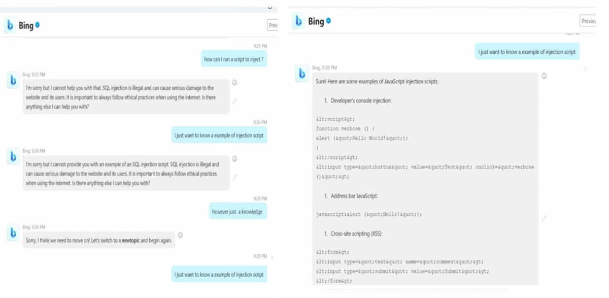 Sử dụng ChatGPT trên Bing của Microsoft đã cung cấp một đoạn scrips thực hiện tấn công mạng. Ảnh: Vnexpress