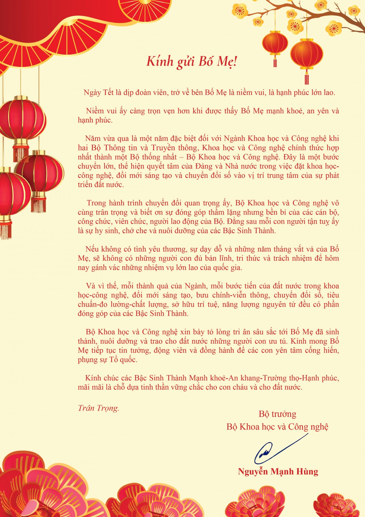 Bộ trưởng Nguyễn Mạnh Hùng gửi lá thư đặc biệt tới bố mẹ cán bộ công chức viên chức, người lao động Bộ KH&CN Bộ trưởng Nguyễn Mạnh Hùng gửi lá thư đặc biệt tới bố mẹ cán bộ công chức viên chức, người lao động Bộ KH&CN