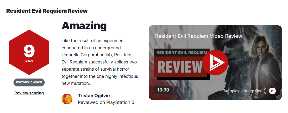 IGN chấm 9/10 cho Resident Evil Requiem. Nguồn ảnh: IGN IGN chấm 9/10 cho Resident Evil Requiem. Nguồn ảnh: IGN