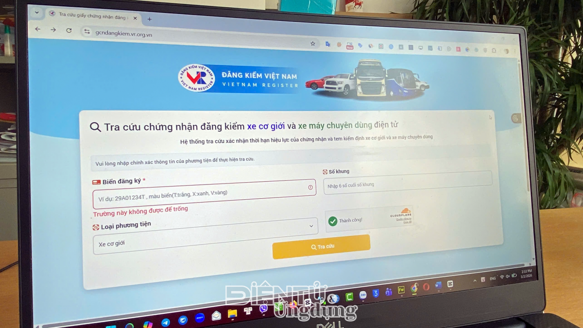 Tra cứu giấy chứng nhận kiểm định điện tử cho xe cơ giới và xe máy chuyên dùng. Ảnh chụp màn hình