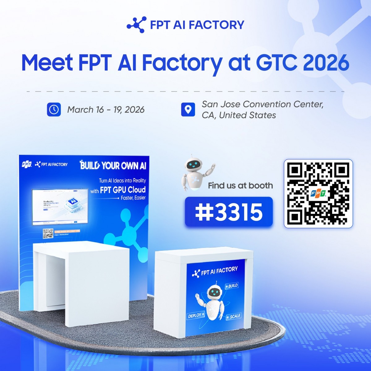 FPT thiết lập gian hàng triển lãm tại khu trưng bày #3315 NVIDIA GTC 2026. Ảnh: FPT