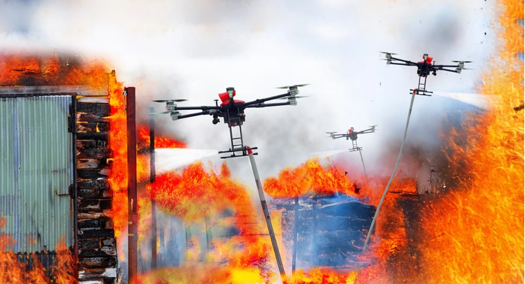   Hệ thống UAV chữa cháy bao gồm 1 UAV chỉ huy và hệ thông UAV hỗ trợ. Ảnh minh họa.