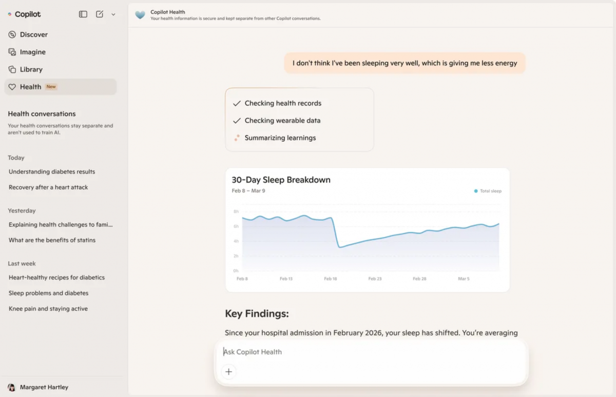 Copilot Health mang đến cái nhìn tường tận về mọi chỉ số sức khỏe thu thập từ đồng hồ thông minh và nhẫn đeo tay. Ảnh: CNET