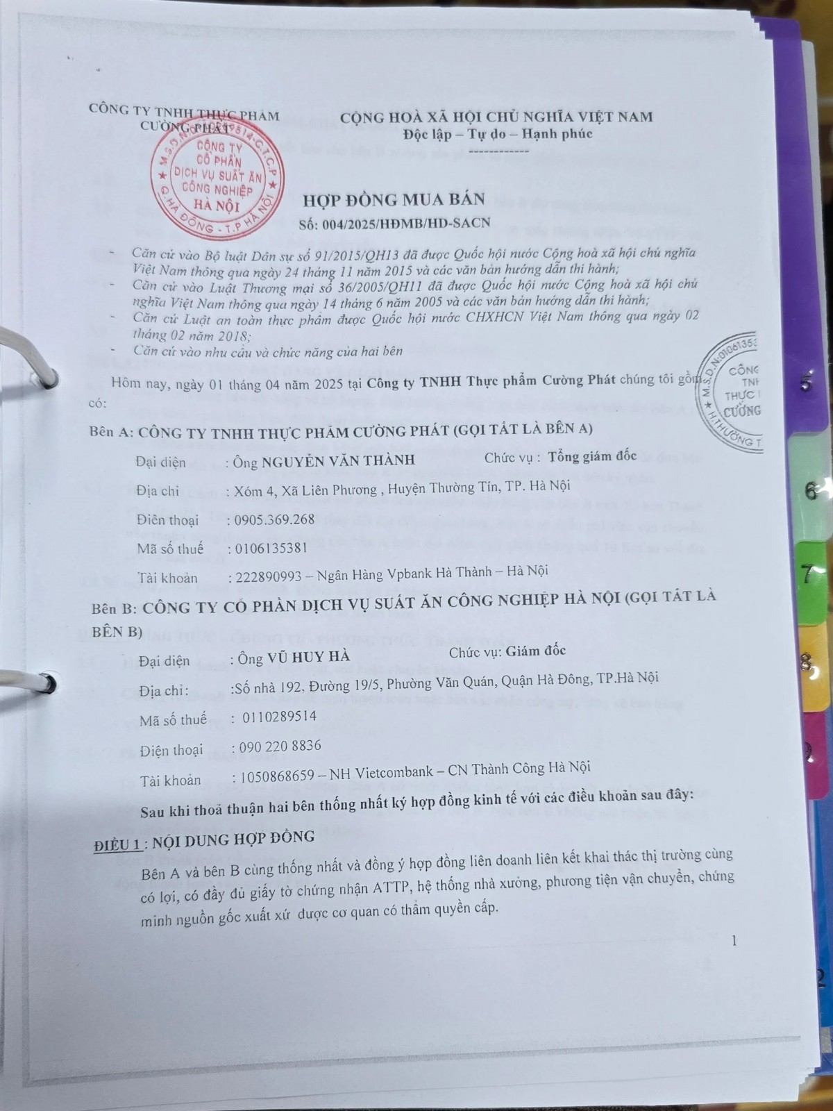 Hợp đồng của Cường Phát với công ty suất ăn công nghiệp Hà Nội