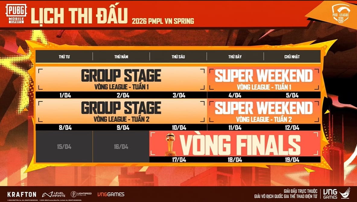 Lịch thi đấu PMPL VN Spring 2026. Ảnh: VNGGames