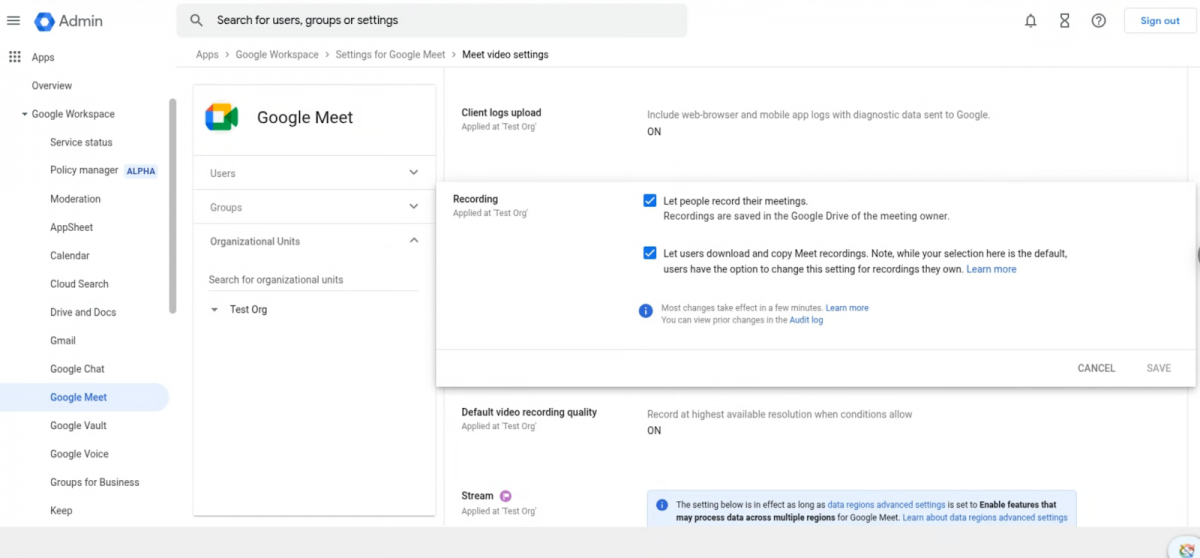 Google Meet mặc định mở quyền tải bản ghi video từ cuối tháng 4
