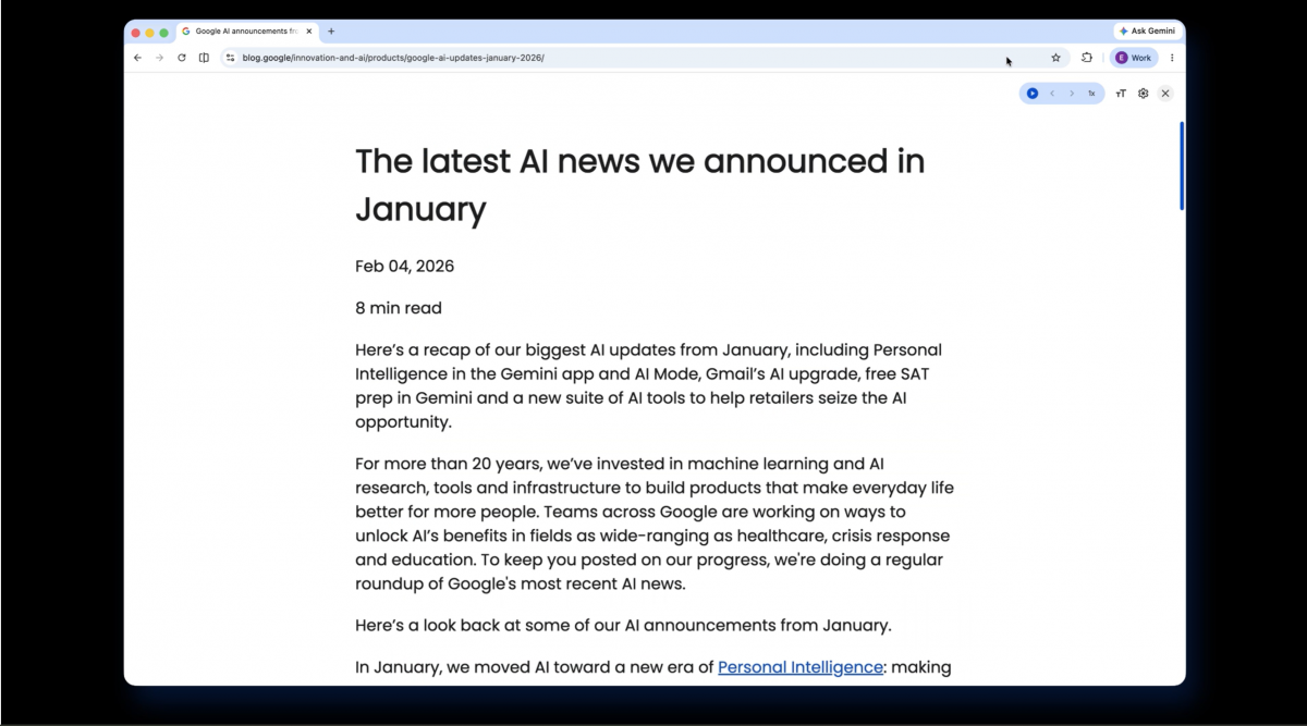 Tính năng đọc toàn màn hình mới trên Chrome. Ảnh: Google Tính năng đọc toàn màn hình mới trên Chrome. Ảnh: Google