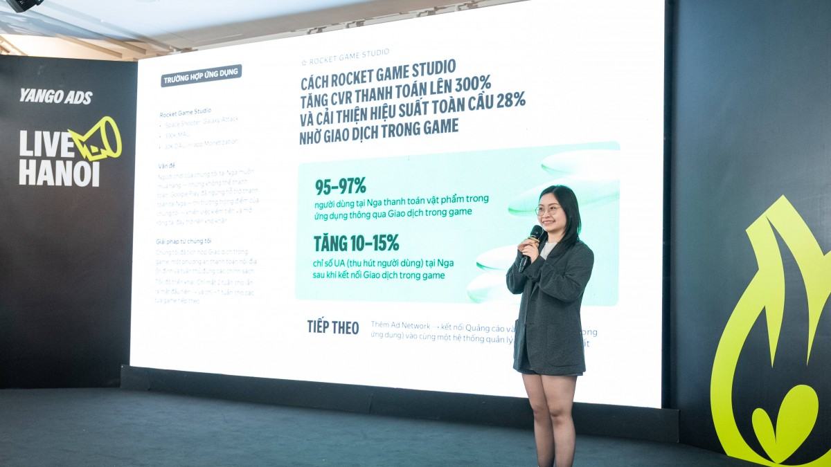 Chị Phương Nguyễn, Chuyên gia UA (User Acquisition) cấp cao tại Rocket Game Studio, trình bày case study về cách khai thác các thị trường có tiềm năng cao như khu vực CIS.