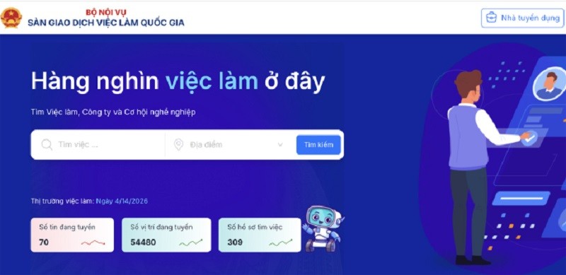 Giao diện Sàn giao dịch việc làm quốc gia hiển thị hàng chục nghìn vị trí tuyển dụng trong ngày khai trương.