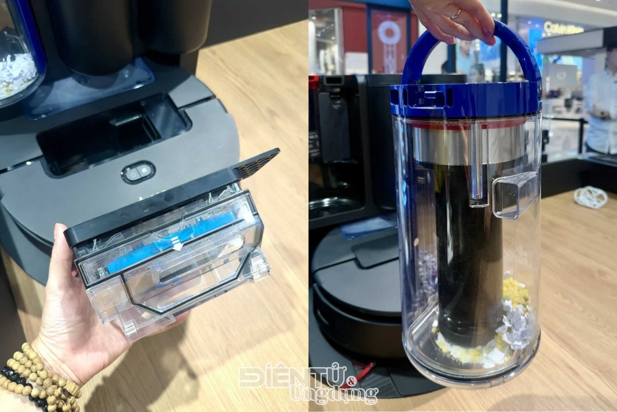 Hộp chứa bụi trong suốt tích hợp lõi lọc xanh của robot hút bụi lau nhà Dyson Spot+Scrub Ai, lưu trữ bụi lên đến 100 ngày và lọc 99,5% hạt bụi siêu nhỏ