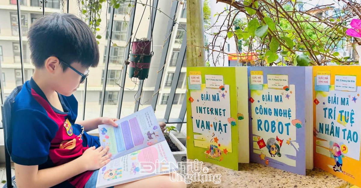 Trẻ em say mê đọc bộ sách Giải mã công nghệ gồm Giải mã Internet Vạn Vật, Giải mã Công nghệ Robot và Giải mã Trí Tuệ Nhân Tạo của PGS. TS Hoàng Văn Xiêm
