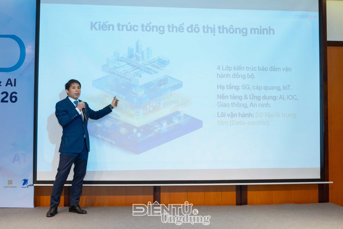 Ông Nguyễn Tuấn Huy phân tích kiến trúc tổng thể của đô thị thông minh gồm bốn lớp vận hành đồng bộ, trong đó dữ liệu giữ vai trò trung tâm cốt lõi của toàn hệ thống