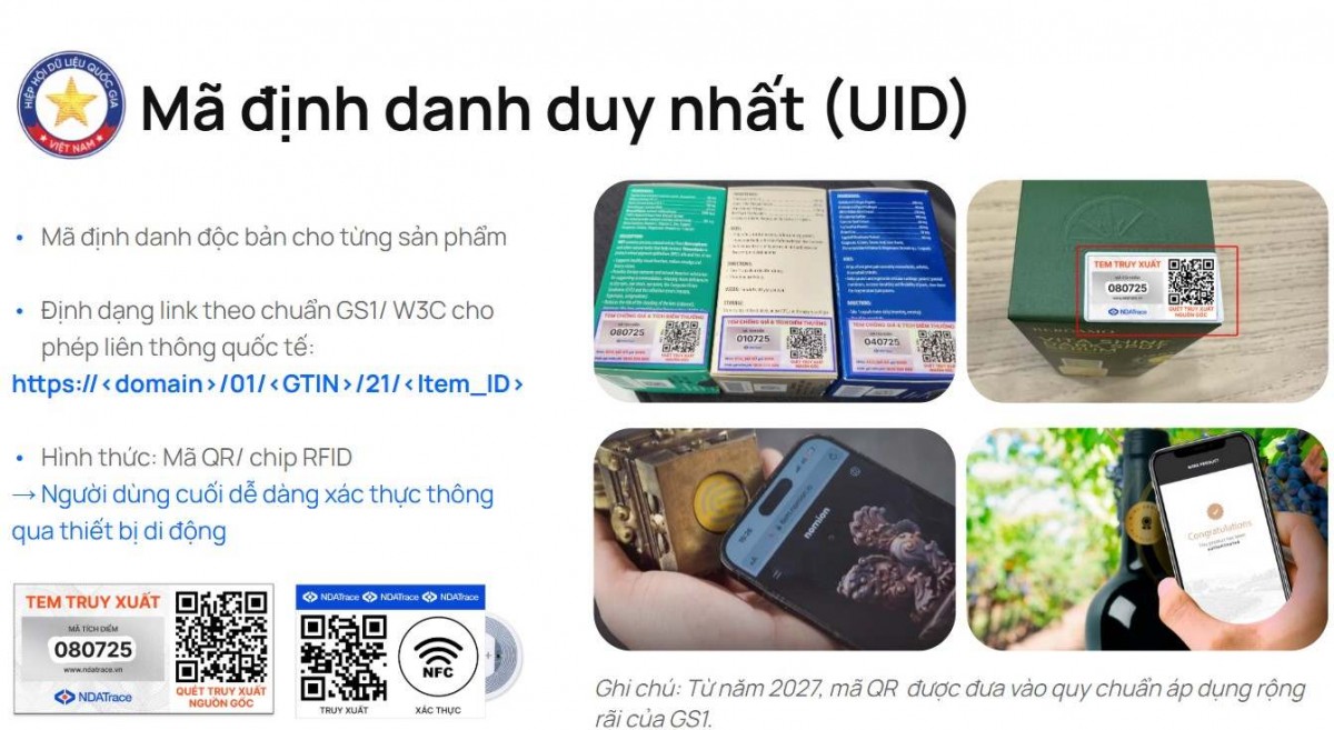 Định danh sản phẩm bằng mã UID giúp người dùng kiểm tra có thể định danh được doanh nghiệp, sản phẩm rõ ràng; xác thực được thông tin hàng hóa và chuỗi cung ứng; truy xuất được vòng đời, nguồn gốc sản phẩm.