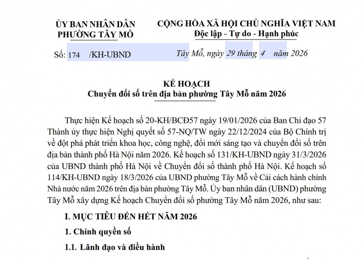 Tây Mỗ đẩy mạnh chuyển đổi số năm 2026, đưa AI vào điều hành từ tháng 10
