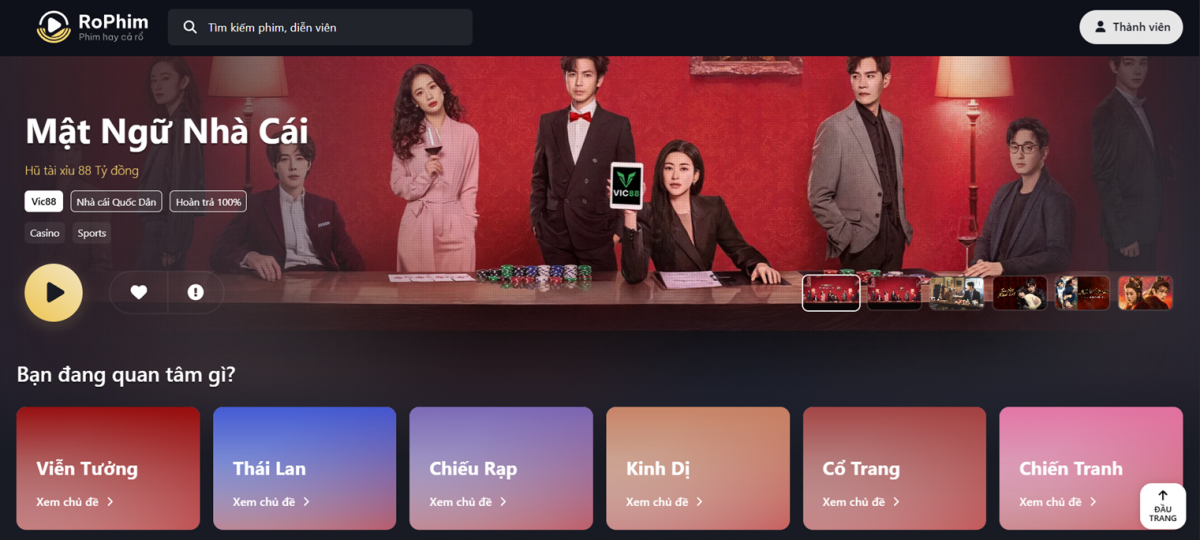 Giao diện website RoPhim hiển thị quảng cáo cá cược trực tuyến xen lẫn nội dung phim trực tuyến, sáng 10/5/2026.