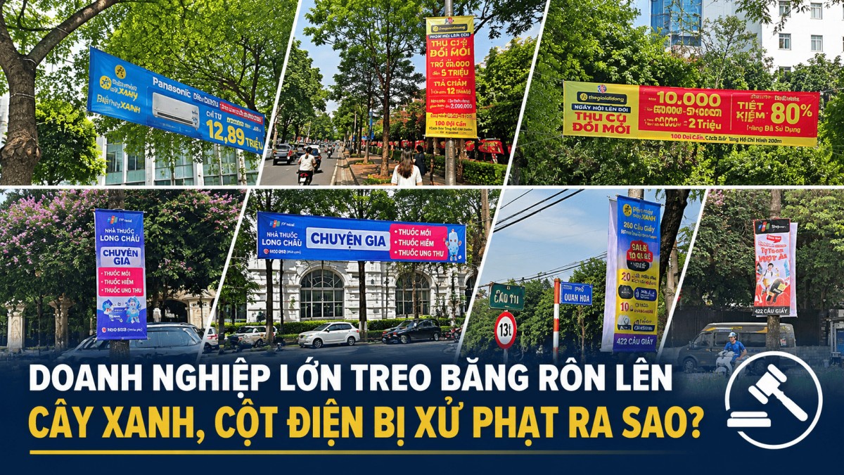 Doanh nghiệp công nghệ lớn treo băng rôn lên cây xanh, cột điện giữa lòng Hà Nội