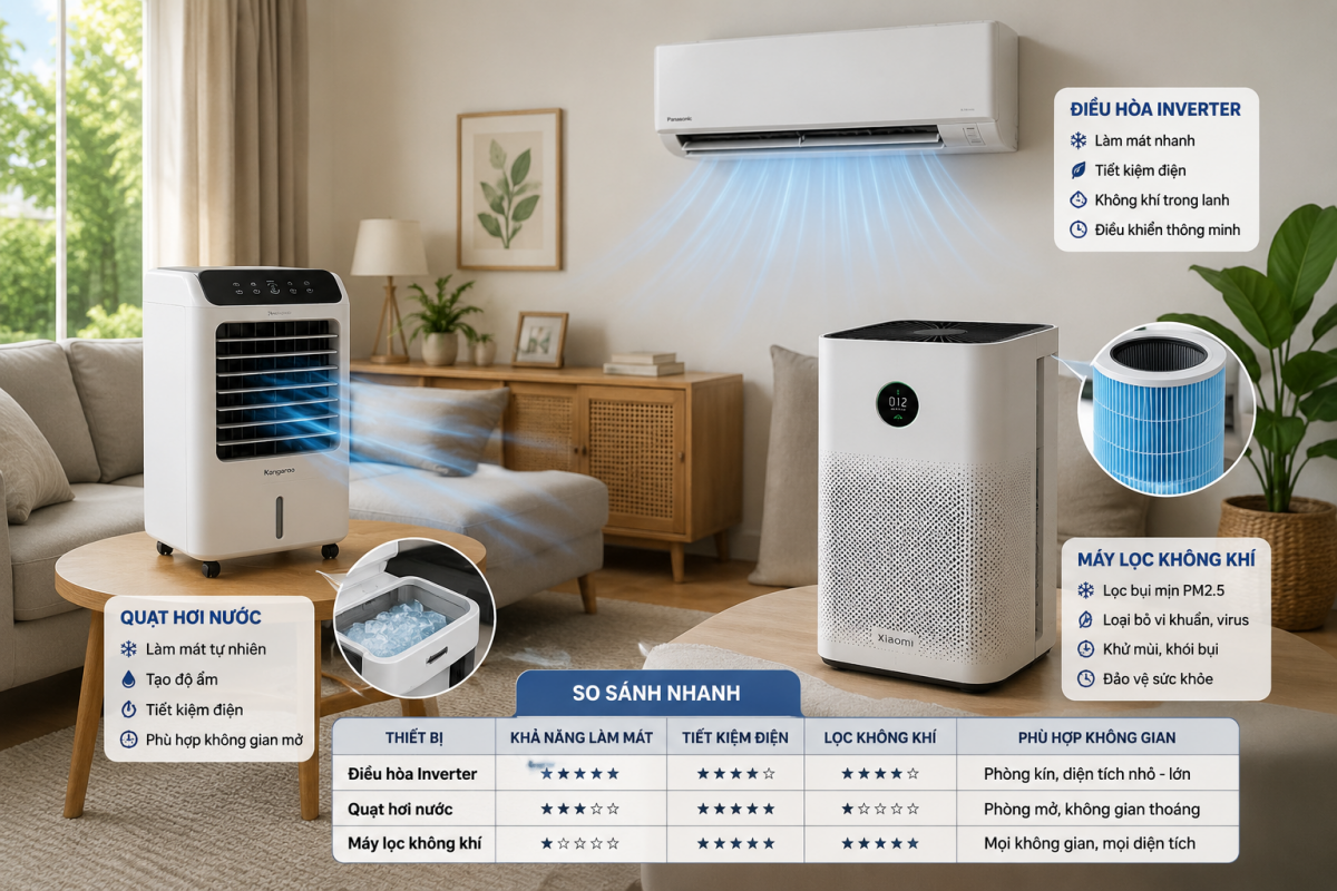 Các thiết bị làm mát và lọc không khí như điều hòa inverter, quạt hơi nước và máy lọc không khí đang được nhiều gia đình lựa chọn trong đợt nắng nóng kéo dài mùa hè 2026.