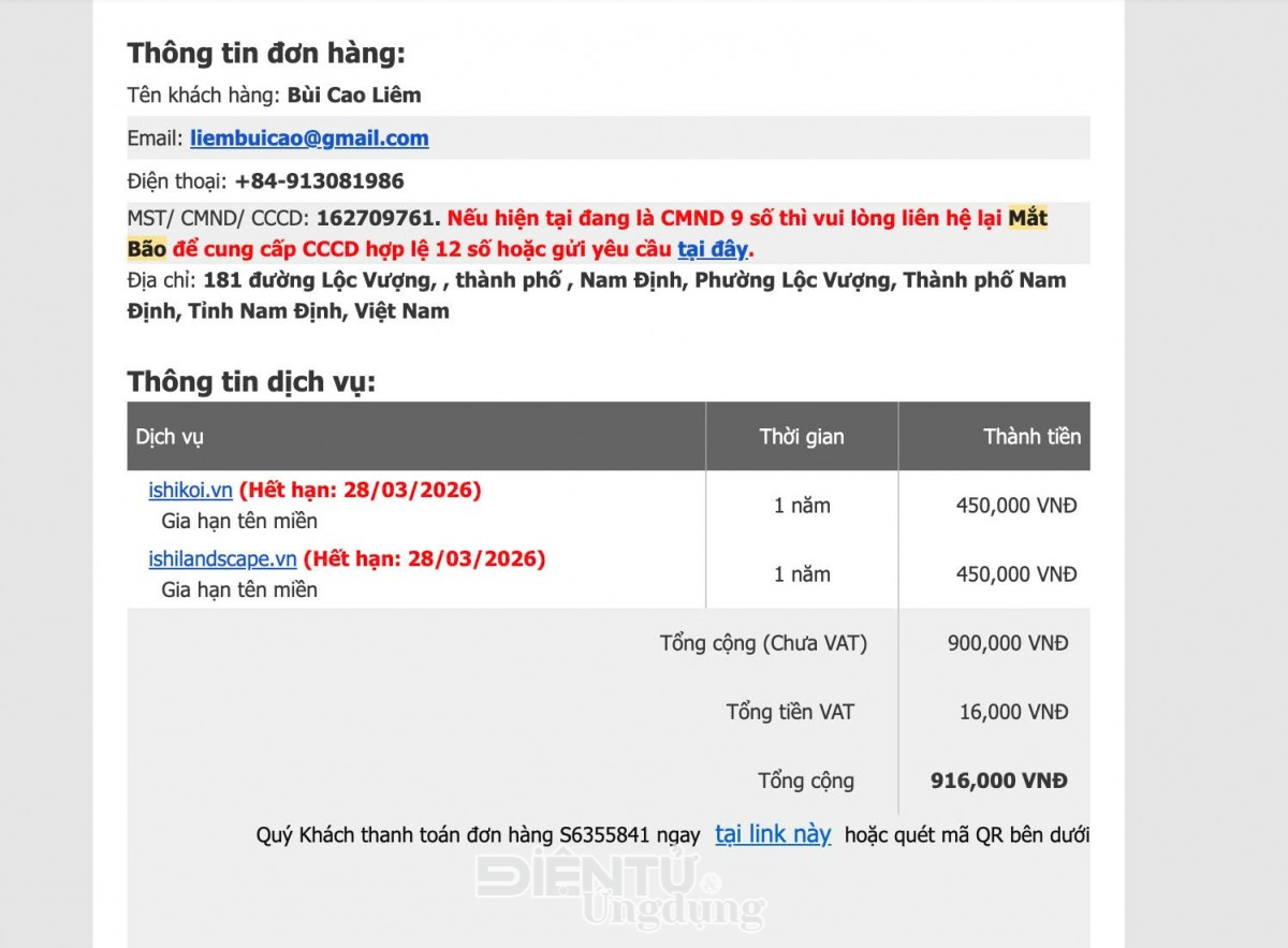 Đơn hàng S6355841 thể hiện phí gia hạn hai tên miền ishikoi.vn và ishilandscape.vn với tổng giá trị 916.000 đồng.