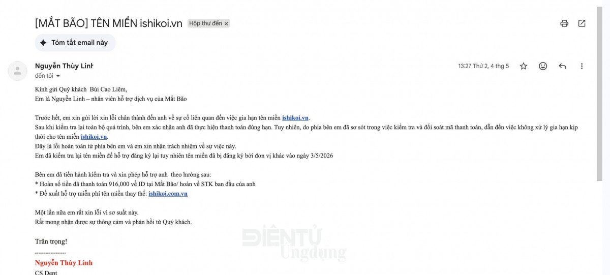 Email ngày 04/05/2026 của nhân viên Mắt Bão gửi khách hàng, xác nhận việc gia hạn tên miền không được xử lý kịp thời do sai sót trong quá trình kiểm tra và đối soát mã thanh toán.