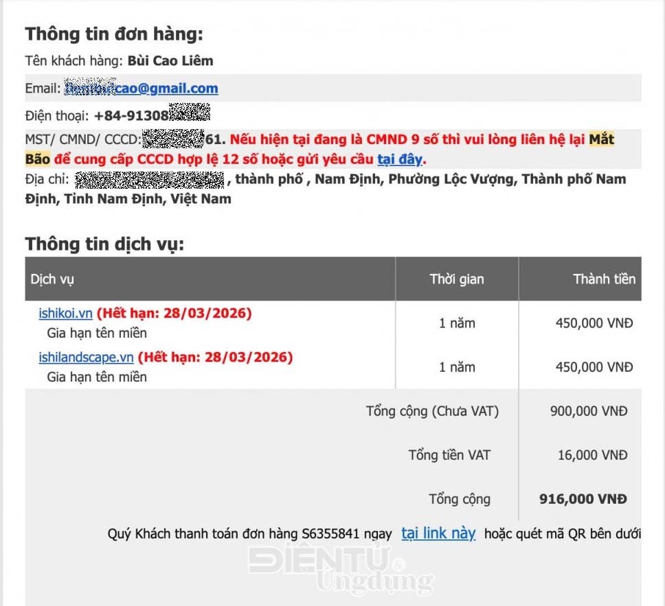 Đơn hàng S6355841 thể hiện phí gia hạn hai tên miền ishikoi.vn và ishilandscape.vn với tổng giá trị 916.000 đồng. Đơn hàng S6355841 thể hiện phí gia hạn hai tên miền ishikoi.vn và ishilandscape.vn với tổng giá trị 916.000 đồng.
