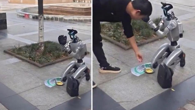 Robot hình người quỳ xin tiền trên phố gây tranh cãi
