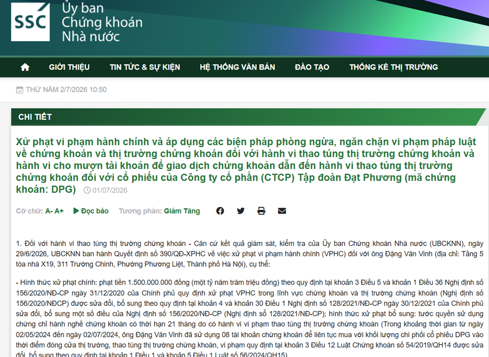 Thao túng cổ phiếu DPG, một cá nhân bị phạt 1,5 tỷ đồng và loạt lệnh cấm giao dịch Thao túng cổ phiếu DPG, một cá nhân bị phạt 1,5 tỷ đồng và loạt lệnh cấm giao dịch
