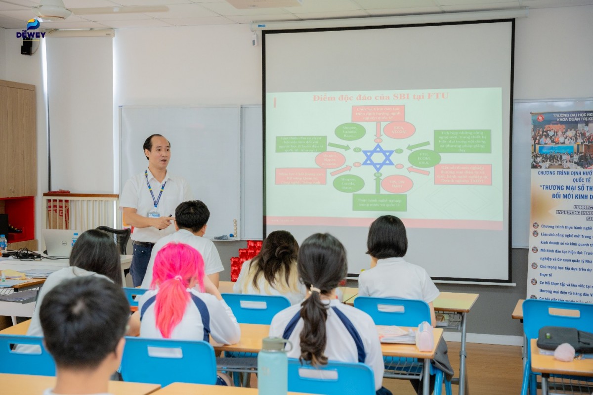 PGS.TS Nguyễn Hồng Quân - Trưởng Bộ môn Thương mại điện tử, Chủ trì Chương trình SBI tại buổi học trải nghiệm dành cho học sinh lớp 12 (Ảnh: FTU)