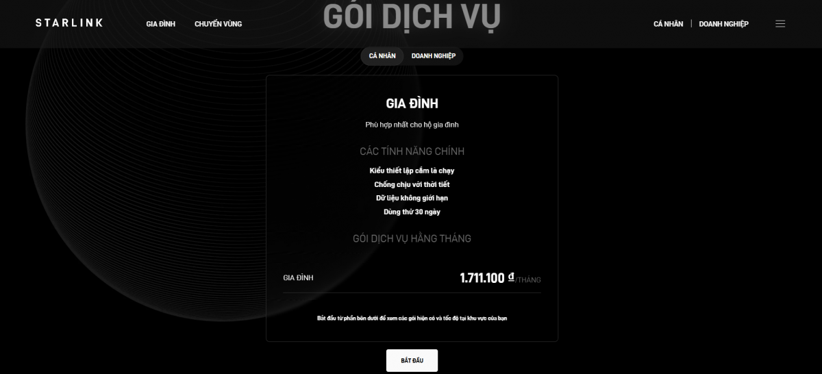 Giá dịch vụ Starlink được công bố trên website của hãng. Ảnh chụp màn hình Giá dịch vụ Starlink được công bố trên website của hãng. Ảnh chụp màn hình
