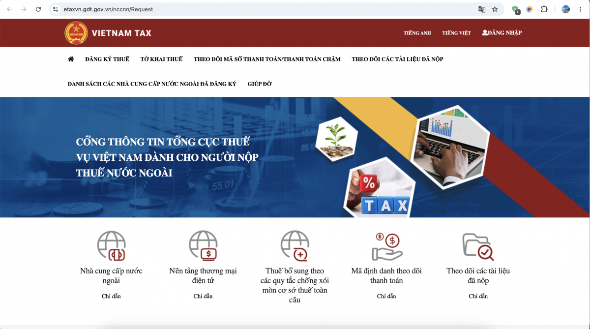Giao diện Cổng thông tin điện tử dành cho nhà cung cấp nước ngoài kê khai thuế tại Việt Nam