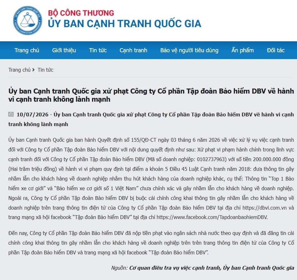 Bảo hiểm DBV bị phạt 200 triệu đồng vì quảng bá gây nhầm lẫn trên nền tảng số