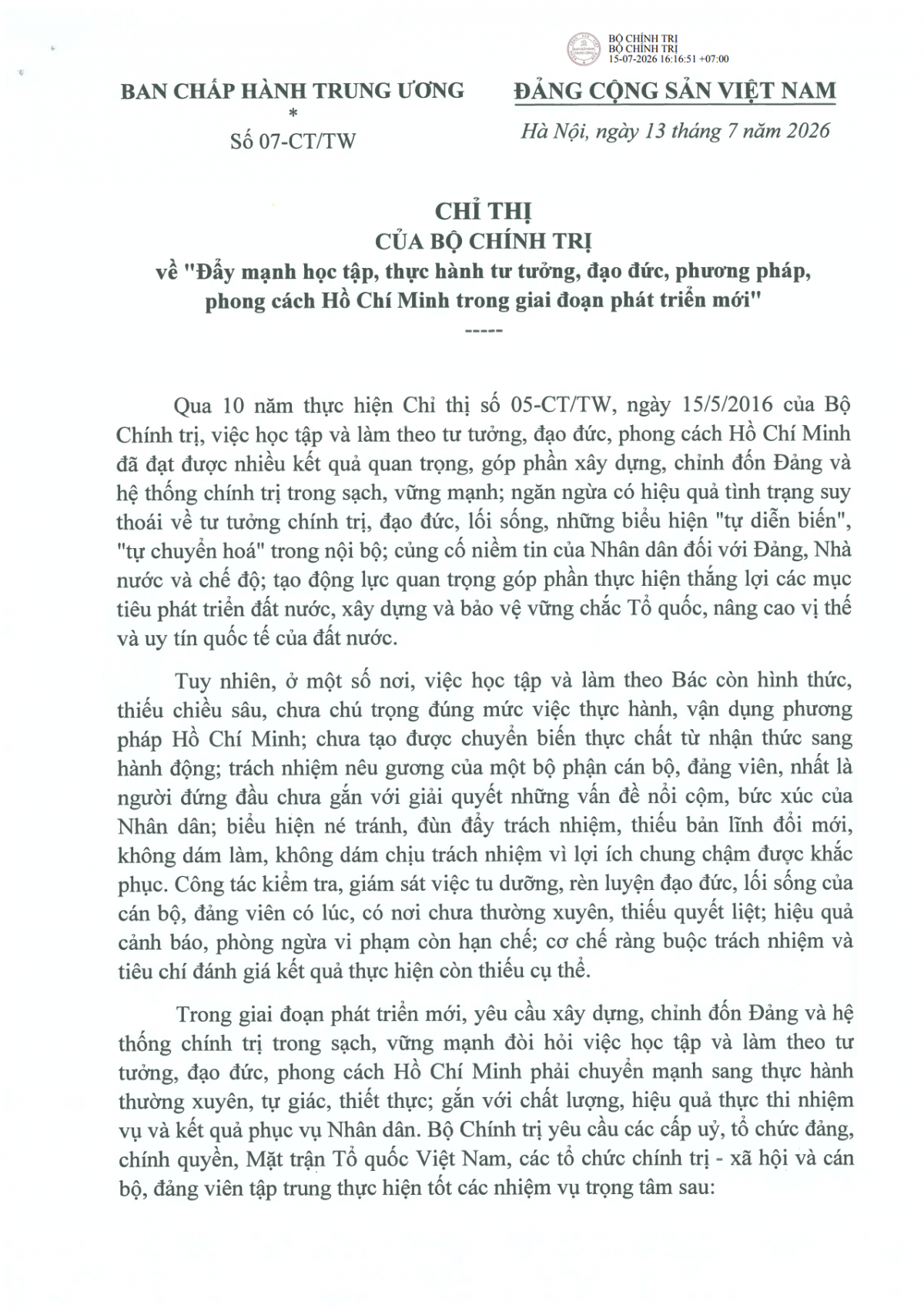 'Đẩy mạnh học tập, thực hành tư tưởng, đạo đức, phương pháp, phong cách Hồ Chí Minh trong giai đoạn phát triển mới'