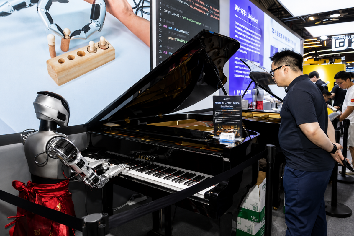 Một du khách xem robot chơi piano trong Hội nghị Trí tuệ Nhân tạo Thế giới 2026. (Ảnh: xinhua) Một du khách xem robot chơi piano trong Hội nghị Trí tuệ Nhân tạo Thế giới 2026. (Ảnh: xinhua)