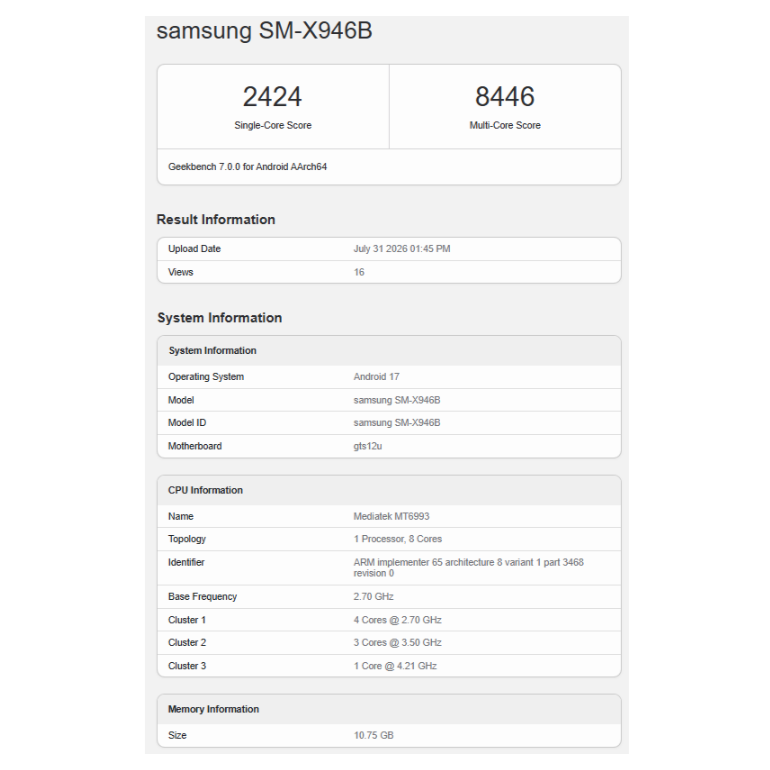 Galaxy Tab S12 Ultra lộ điểm Geekbench, xác nhận dùng chip Dimensity 9500