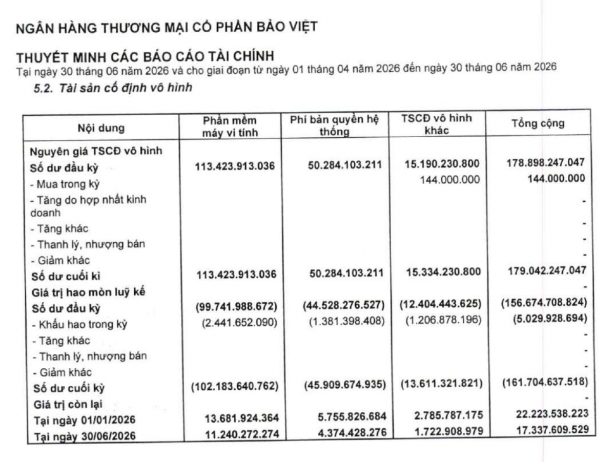 Nguyên giá phần mềm máy vi tính của BaoViet Bank giữ nguyên 113,42 tỷ đồng, cột mua trong kỳ để trống, hao mòn lũy kế đạt 90,09%. Nguồn thuyết minh V.5.2 báo cáo tài chính quý II/2026.