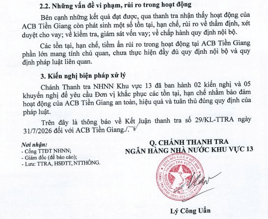 Kết luận thanh tra ACB Tiền Giang có gì đáng chú ý?