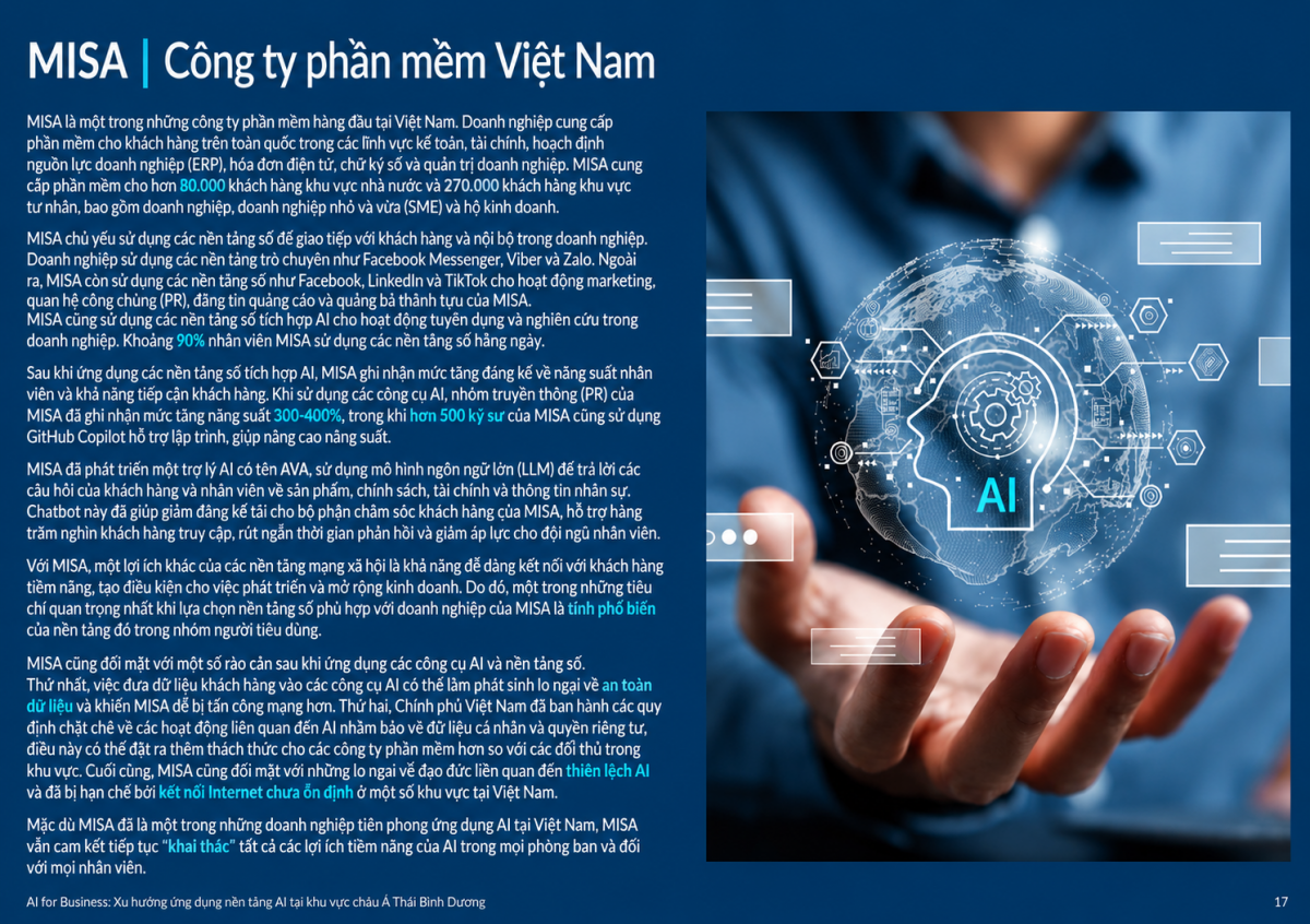Ứng dụng AI đang tác động trực tiếp đến cách nhân sự làm việc. Deloitte Access Economics ghi nhận nhóm truyền thông của MISA tăng năng suất 300-400%, trong khi hơn 500 kỹ sư sử dụng AI hỗ trợ lập trình.