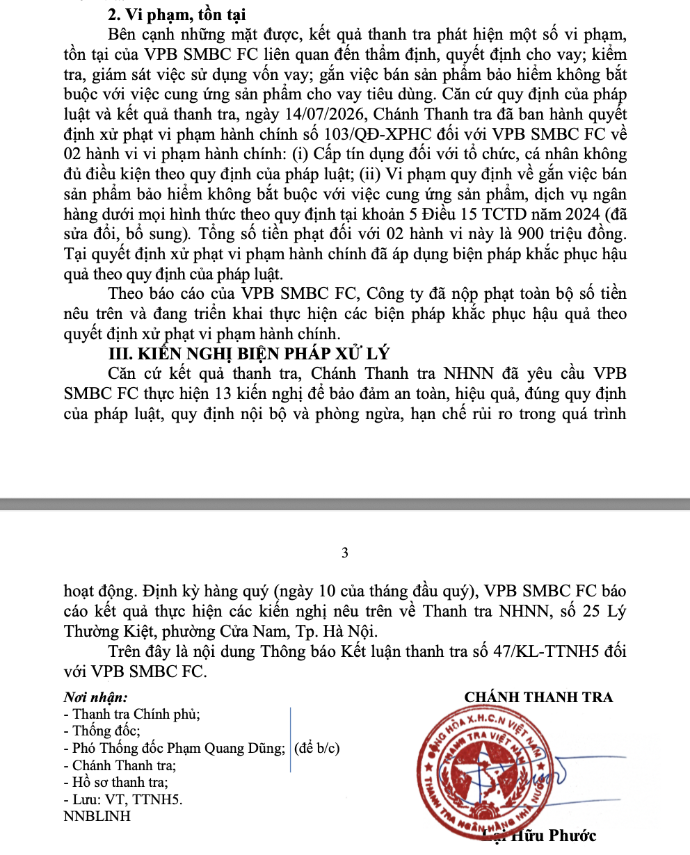 Thanh tra Ngân hàng Nhà nước công bố Kết luận thanh tra số 47/KL-TTNH5 đối với VPB SMBC FC.