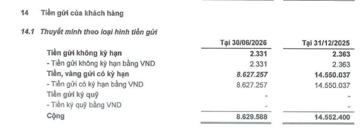Tiền gửi không kỳ hạn của khách hàng chiếm 0,027% tổng tiền gửi khách hàng tại ngày 30/6/2026. Tiền gửi không kỳ hạn của khách hàng chiếm 0,027% tổng tiền gửi khách hàng tại ngày 30/6/2026.